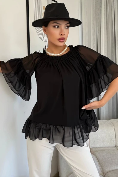 Yaka Lastikli Şifon Bluz 6022-Siyah - 2