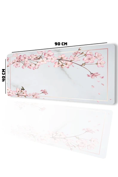 SonicTouch UltraGrand Bahar Dalları Gri Pembe Dikişsiz Xxl Gaming Oyuncu Masaüstü Klavye Mouse Pad 40x90Cm - 2