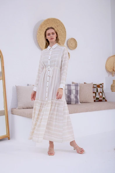 GOLD DÜĞME DETAYLI ELBİSE - 2