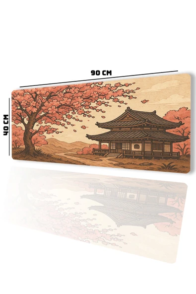 SonicTouch UltraGrand Japon Kiraz Ağacı ve Japon Evi Dikişsiz Xxl Gaming Oyuncu Masaüstü Pembe Klavye Mouse Pad 40x90Cm - 2