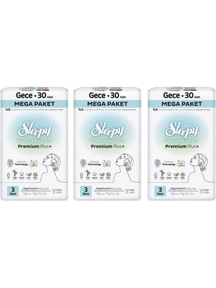 Sleepy Bio Natural Premium Plus Hijyenik Ped Mega Paket Gece 30X3 (90 Adet) - 2