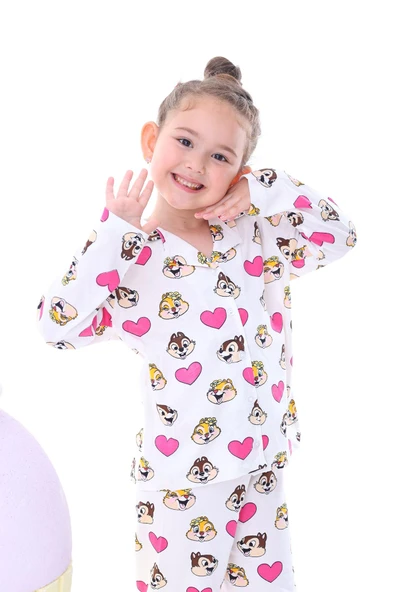 Sevimli Chip Dale Baskılı Düğmeli %100 Pamuk Kız Çocuk Pijama Takımı - Resim 2