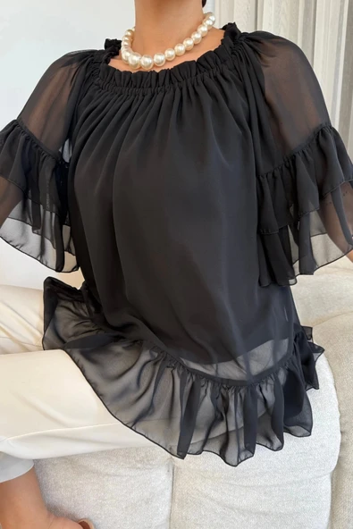 Yaka Lastikli Şifon Bluz 6022-Siyah - 4