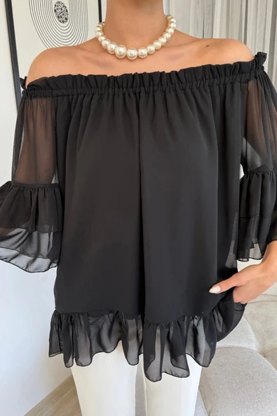 Yaka Lastikli Şifon Bluz 6022-Siyah - 5