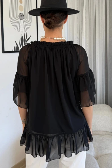 Yaka Lastikli Şifon Bluz 6022-Siyah - 7