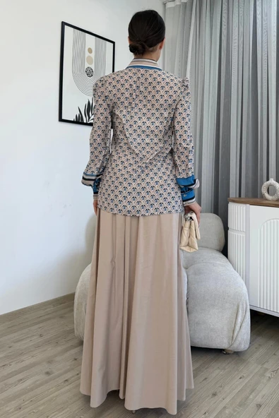 Desenli Gömlek Etek İkili Takım 4701-Bej - 4