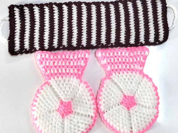 El işi örme Pembe-Beyaz Bordo üçlü Takım Banyo Lifi - 4