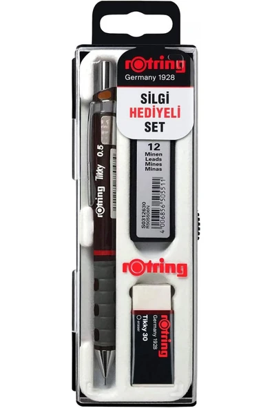 Rotring Tikky Versatil Kalem + Min + Silgi 3 Lü Okul Seti 0.5mm Bordo