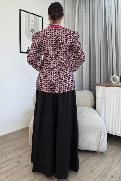 Desenli Gömlek Etek İkili Takım 4701-Siyah - 5