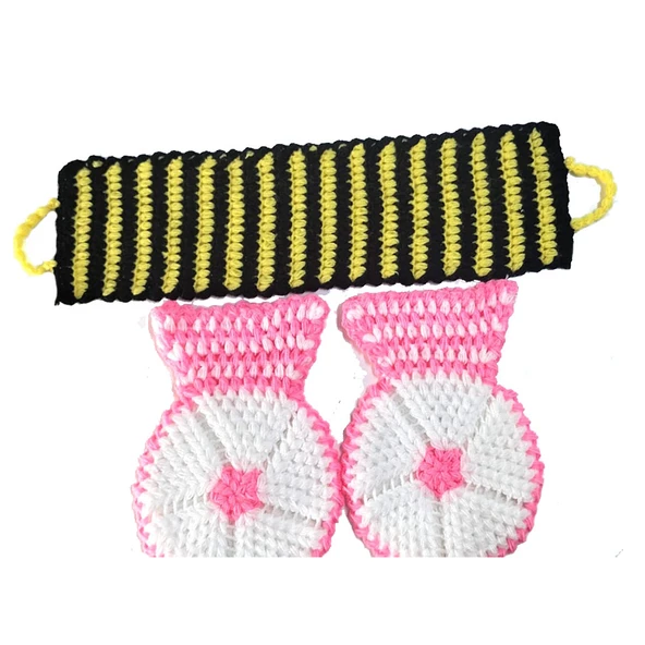 El işi örme Pembe-Beyaz Siyah-Sarı üçlü Takım Banyo Lifi