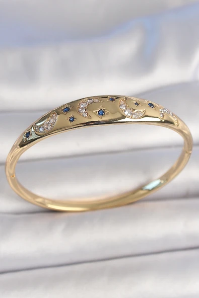 Pirinç Gold Renk Zirkon Taşlı Hilal İşleme Mavi Taşlı Yıldız Detay Kadın Kelepçe - TJ-BB6920