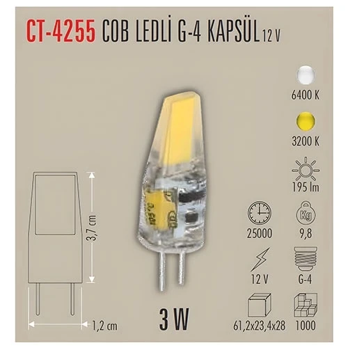 CATA 12v 3w Cop Ledli Kapsül Ampul G4 Duylu 3200K Günışığı (30w Işık Verir) - 3