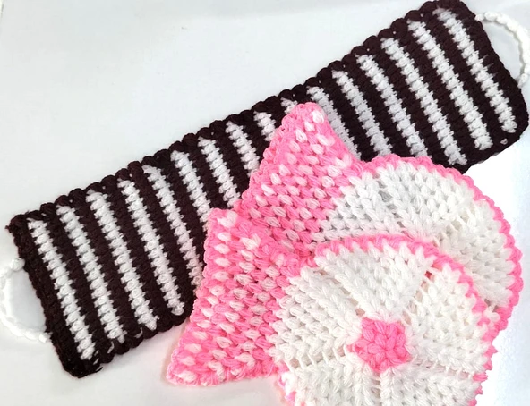 El işi örme Pembe-Beyaz Bordo üçlü Takım Banyo Lifi