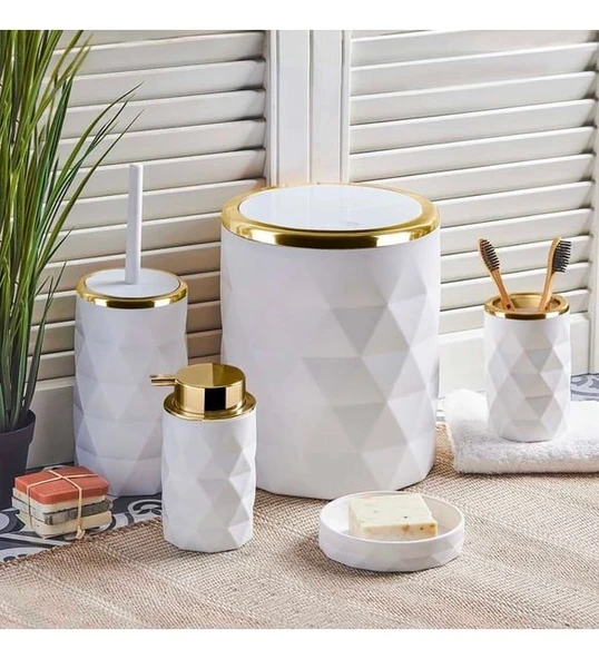 Perotti 13222 Diamond 5li Akrilik Plastik Banyo Seti Beyaz Gold