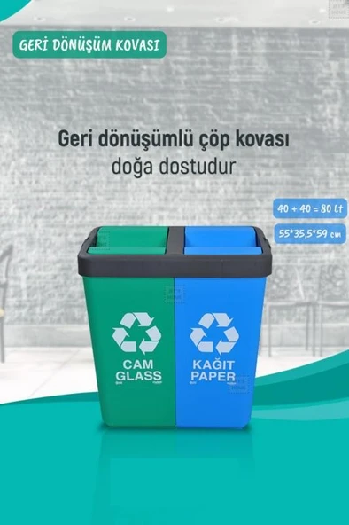 Geri Dönüşüm Kutusu Cam Kağıt Geri Dönüşüm Kovası Yeşil Mavi 80 Litre - 2