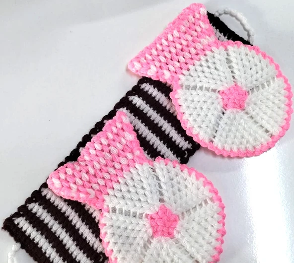 El işi örme Pembe-Beyaz Bordo üçlü Takım Banyo Lifi - 2