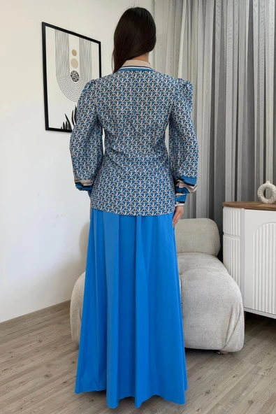 Desenli Gömlek Etek İkili Takım 4701-Mavi - 5