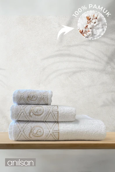 3'lü S Nakışlı Havlu Seti %100 Pamuk 50x100 Yüz Havlusu 100x150 Banyo Havlusu 40x60 Ayak Havlusu