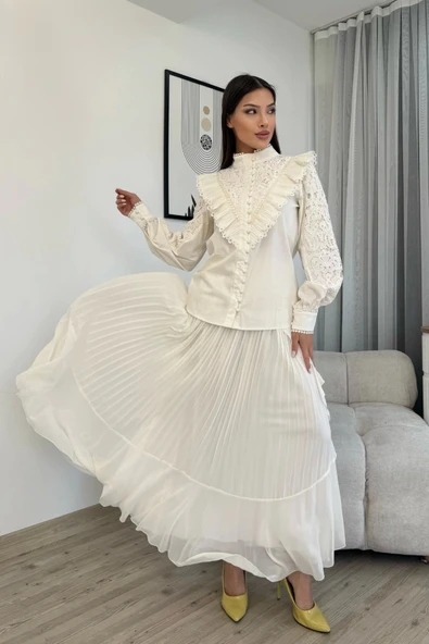 Dantel Detaylı Bluz Pliseli Şifon Etek İkili Takım 4706-Beyaz - 2