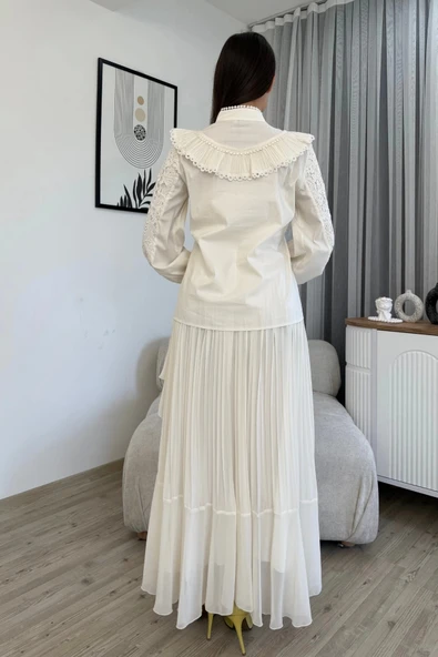 Dantel Detaylı Bluz Pliseli Şifon Etek İkili Takım 4706-Beyaz - 5