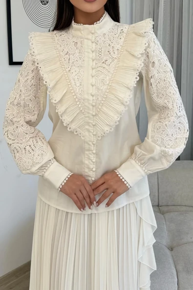 Dantel Detaylı Bluz Pliseli Şifon Etek İkili Takım 4706-Beyaz - 4