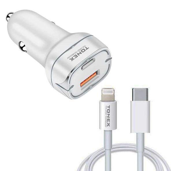 Tonex LA-38W PD + USB-A Type-C to Lightning Kablolu Araç İçi Şarj Aleti Set