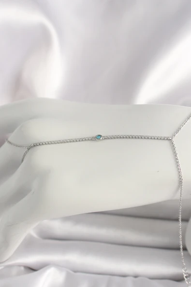 Pirinç Gümüş Renk Su Yolu Zirkon Taşlı Mavi Taş Detaylı Kadın Şahmeran - TJ-SN620