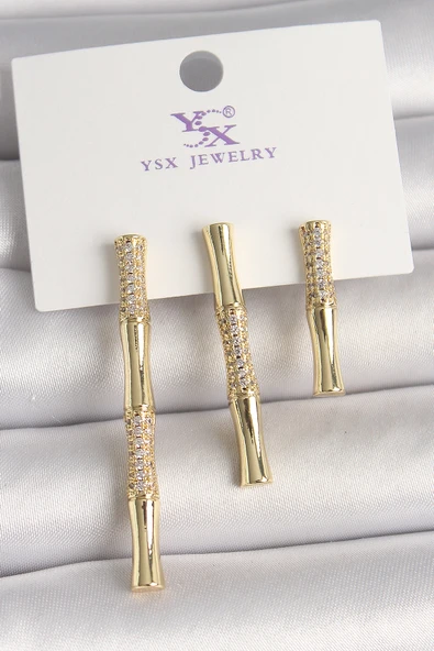 Pirinç Gold Renk Zirkon Taşlı Bambu Model 3'Lü Kadın Kombin Küpe - TJ-BKP10463