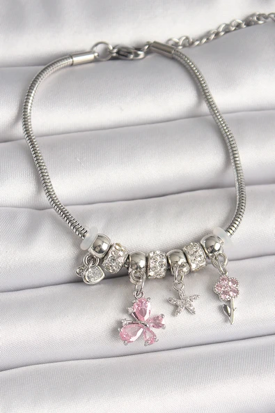 Pirinç Gümüş Renk Sallantı Pembe Zirkon Taşlı Kelebek Figür Çiçek Detay Charm Kadın Bileklik - TJ-BB6933