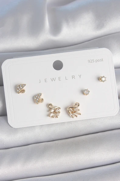 Pirinç Gold Renk Zirkon Taşlı Kuğu Model 925 Ayar Gümüş Çivi Kadın Küpe Seti - TJ-BKP10480