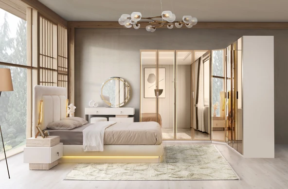 PLATİN KÖŞE MDF BAZALI LEDLİ YATAK ODASI TAKIMI ürün görseli 1