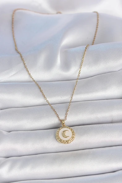 316L Çelik Gold Renk Zincir Beyaz Mineli Hilal İşlemeli Madalyon Model Kadın Kolye - TJ-BKO10035 - 2