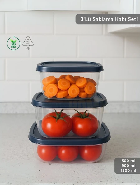 3'lü Saklama Kabı Seti Kare Erzak Kabı Bpa Free Derin Dondurucu için Uygun 500-900-1500 ml