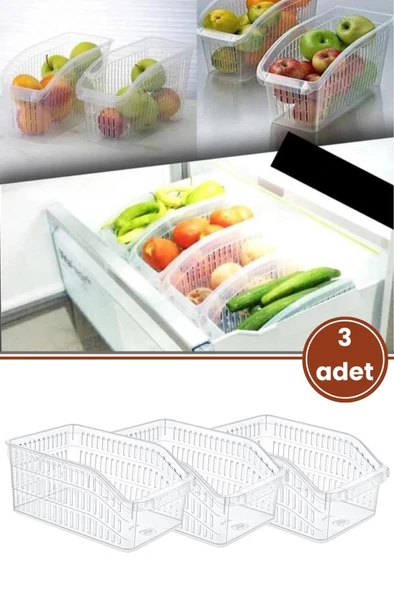 Flora 3 Adet Şeffaf Buzdolabı Sepeti, Mutfak Dolap İçi Düzenleyici Sebze Meyve Erzak Organizer 3’lü Set
