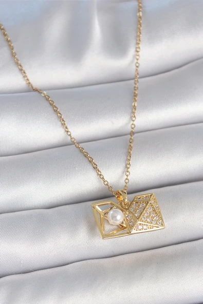 316L Çelik Gold Renk Zincir Zirkon Taşlı Açılır İncili Elmas Model Kadın Kolye - TJ-BKO10049 ürün görseli 1