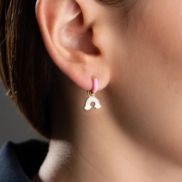 Vaoov 925 Ayar Gümüş Mineli Pembe Gökkuşağı Çocuk Küpe - Resim 3