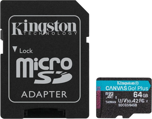 Kingston 64GB microSDXC Canvas Go Plus 170R A2 U3 V30 Card + ADP Hafıza Kartı | SDCG3/64GB