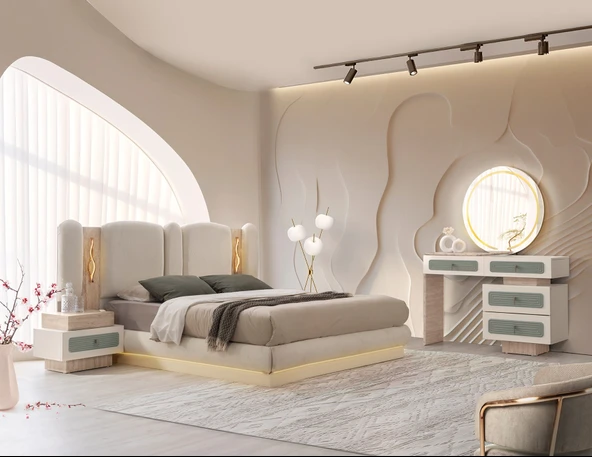 TURKUAZ MDF BAZALI LEDLİ YATAK ODASI TAKIMI - Resim 2