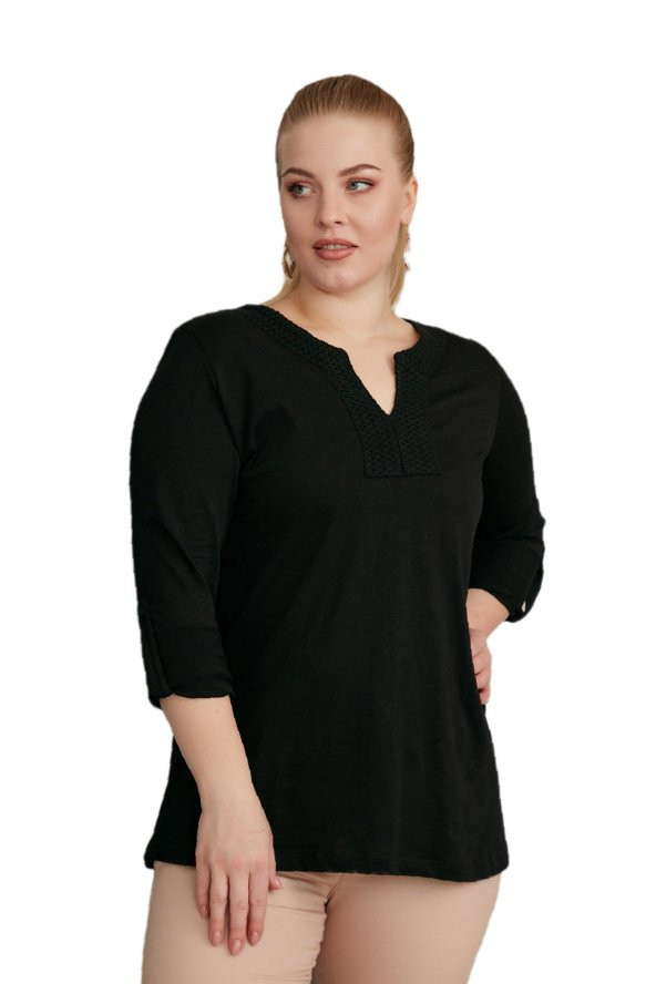 Fierte Kadın Büyük Beden Bluz Rg4088 Yuvarlak V Yaka İşleme Detay Katlanır Kol Spor Penye Lacivert Vizon Bordo Siyah - 2