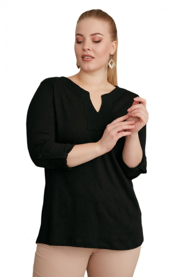 Fierte Kadın Büyük Beden Bluz Rg4088 Yuvarlak V Yaka İşleme Detay Katlanır Kol Spor Penye Lacivert Vizon Bordo Siyah - 3