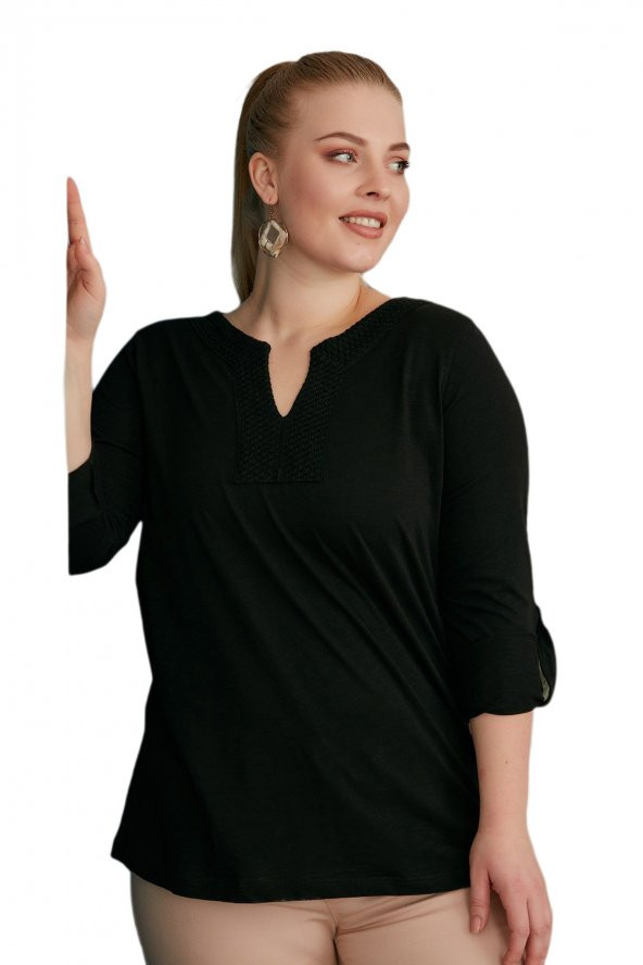 Fierte Kadın Büyük Beden Bluz Rg4088 Yuvarlak V Yaka İşleme Detay Katlanır Kol Spor Penye Lacivert Vizon Bordo Siyah - 4