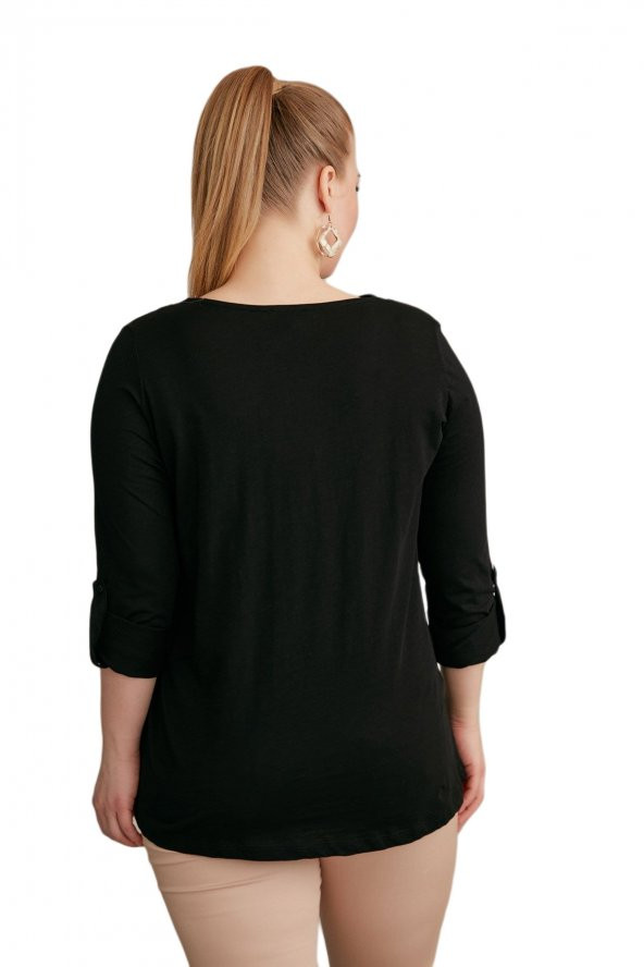 Fierte Kadın Büyük Beden Bluz Rg4088 Yuvarlak V Yaka İşleme Detay Katlanır Kol Spor Penye Lacivert Vizon Bordo Siyah - 5