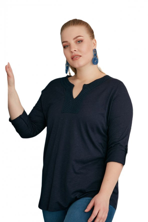 Fierte Kadın Büyük Beden Bluz Rg4088 Yuvarlak V Yaka İşleme Detay Katlanır Kol Spor Penye Lacivert Vizon Bordo Siyah - 6