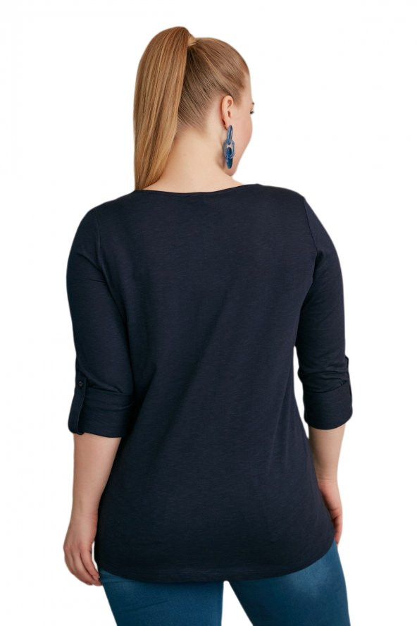 Fierte Kadın Büyük Beden Bluz Rg4088 Yuvarlak V Yaka İşleme Detay Katlanır Kol Spor Penye Lacivert Vizon Bordo Siyah - 9