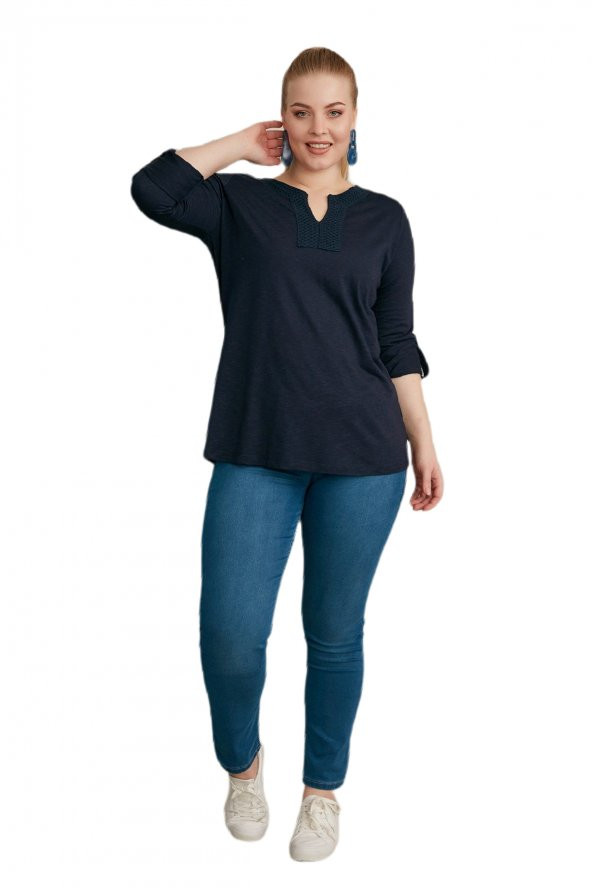 Fierte Kadın Büyük Beden Bluz Rg4088 Yuvarlak V Yaka İşleme Detay Katlanır Kol Spor Penye Lacivert Vizon Bordo Siyah - 10