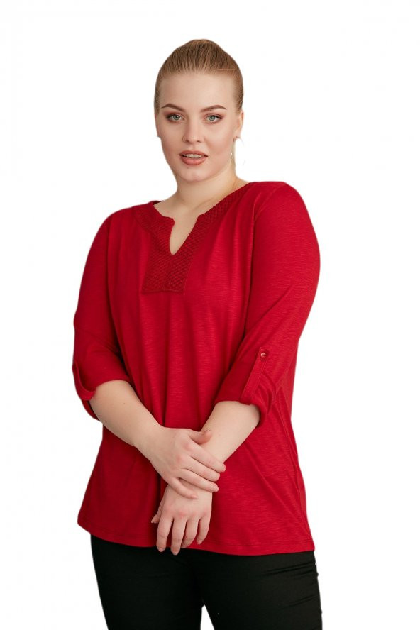 Fierte Kadın Büyük Beden Bluz Rg4088 Yuvarlak V Yaka İşleme Detay Katlanır Kol Spor Penye Lacivert Vizon Bordo Siyah - 11