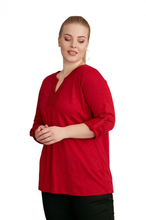 Fierte Kadın Büyük Beden Bluz Rg4088 Yuvarlak V Yaka İşleme Detay Katlanır Kol Spor Penye Lacivert Vizon Bordo Siyah - 12