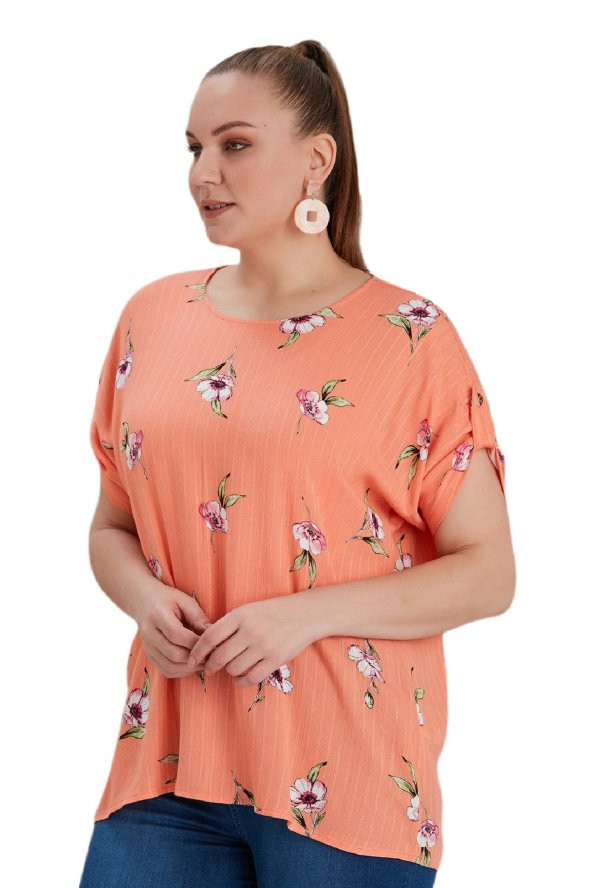 Fierte Kadın Büyük Beden Bluz Rg4515 Yuvarlak Yaka Katlanır Kısa Kol Spor Çiçek Desen Oranj Bej - 2