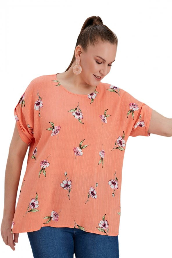 Fierte Kadın Büyük Beden Bluz Rg4515 Yuvarlak Yaka Katlanır Kısa Kol Spor Çiçek Desen Oranj Bej - 3