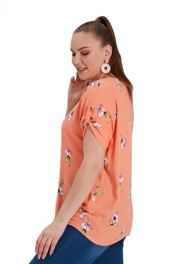 Fierte Kadın Büyük Beden Bluz Rg4515 Yuvarlak Yaka Katlanır Kısa Kol Spor Çiçek Desen Oranj Bej - 4